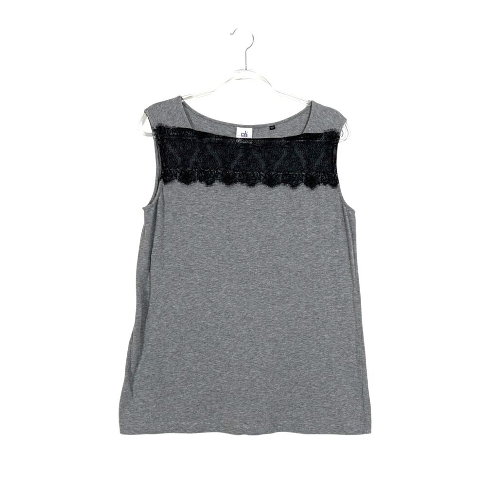 CAbi Gray Tank Top with Black Lace Yoke
